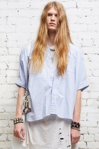 OVERSIZED BOXY BUTTON UP SHIRT - LIGHT BLUE WIDE STRIPE