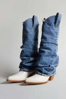 MID COWBOY BOOTS WITH DENIM SLEEVE - BLUE AND WHITE