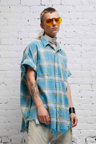 SLEEVELESS BOXY BUTTON-UP - LIGHT BLUE PLAID