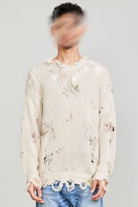 DISTRESSED OVERSIZED SWEATER - FLORAL ON KHAKI